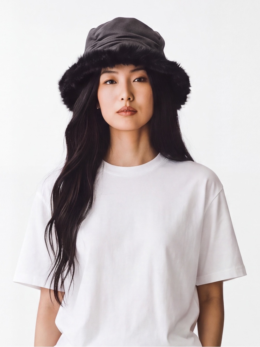 4/$20 Something Special Black Faux Fur Trim Bucket Cloche Hat
